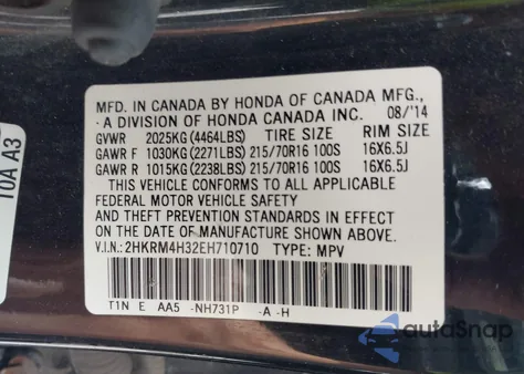 2014 Honda Cr-V Lx z USA, uszkodzony, nr VIN 2HKRM4H32EH710710